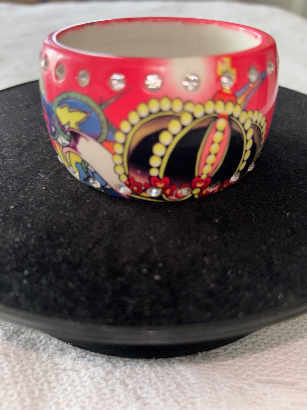 Red Crown-Print Resin Bangle with Rhinestones - Women's Fashion Bracelet